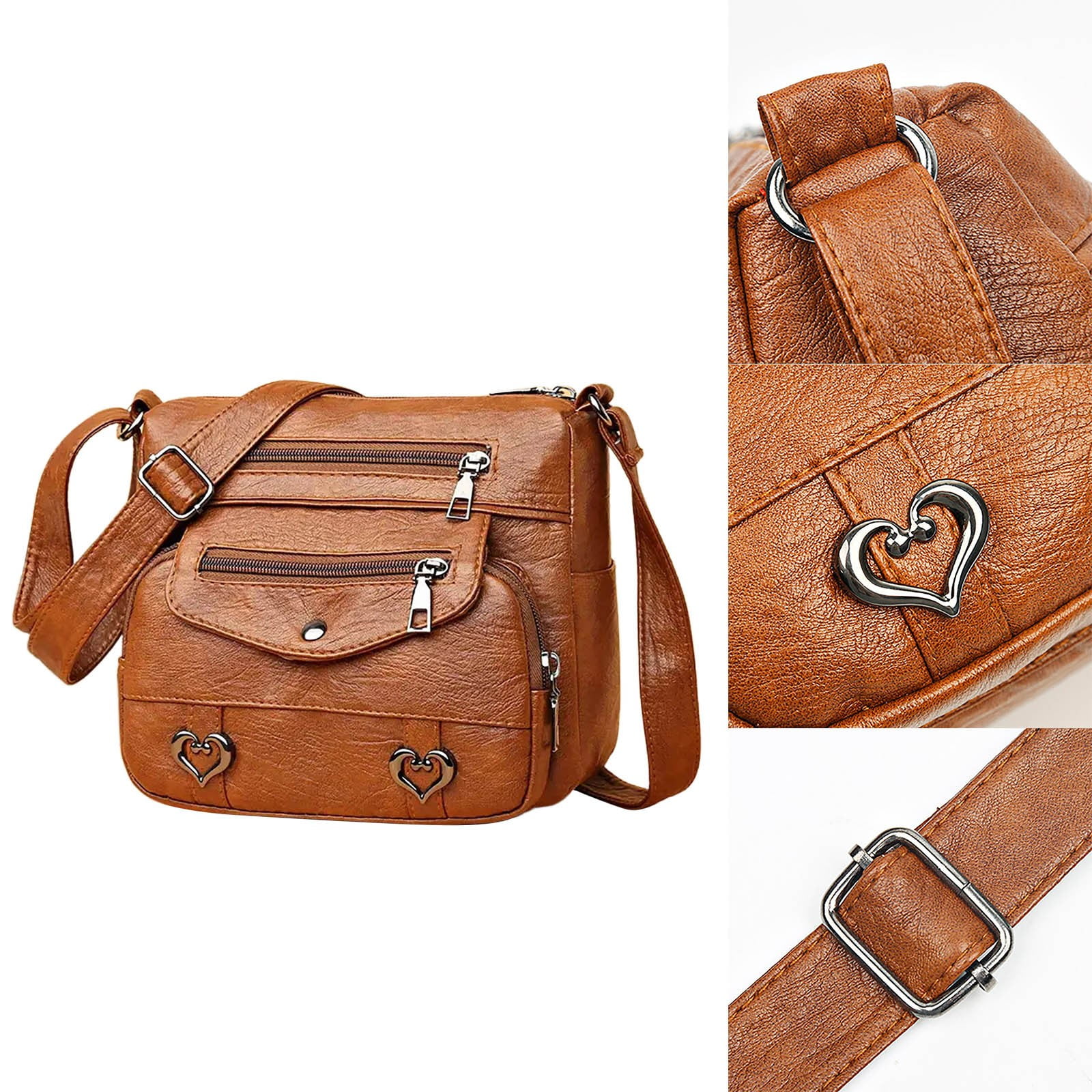 Crossbody Bags for Women Pocketbooks Soft PU Leather Purses and Handbags Multi Pocket Vintage Shoulder Bag with Heart Decor Brown