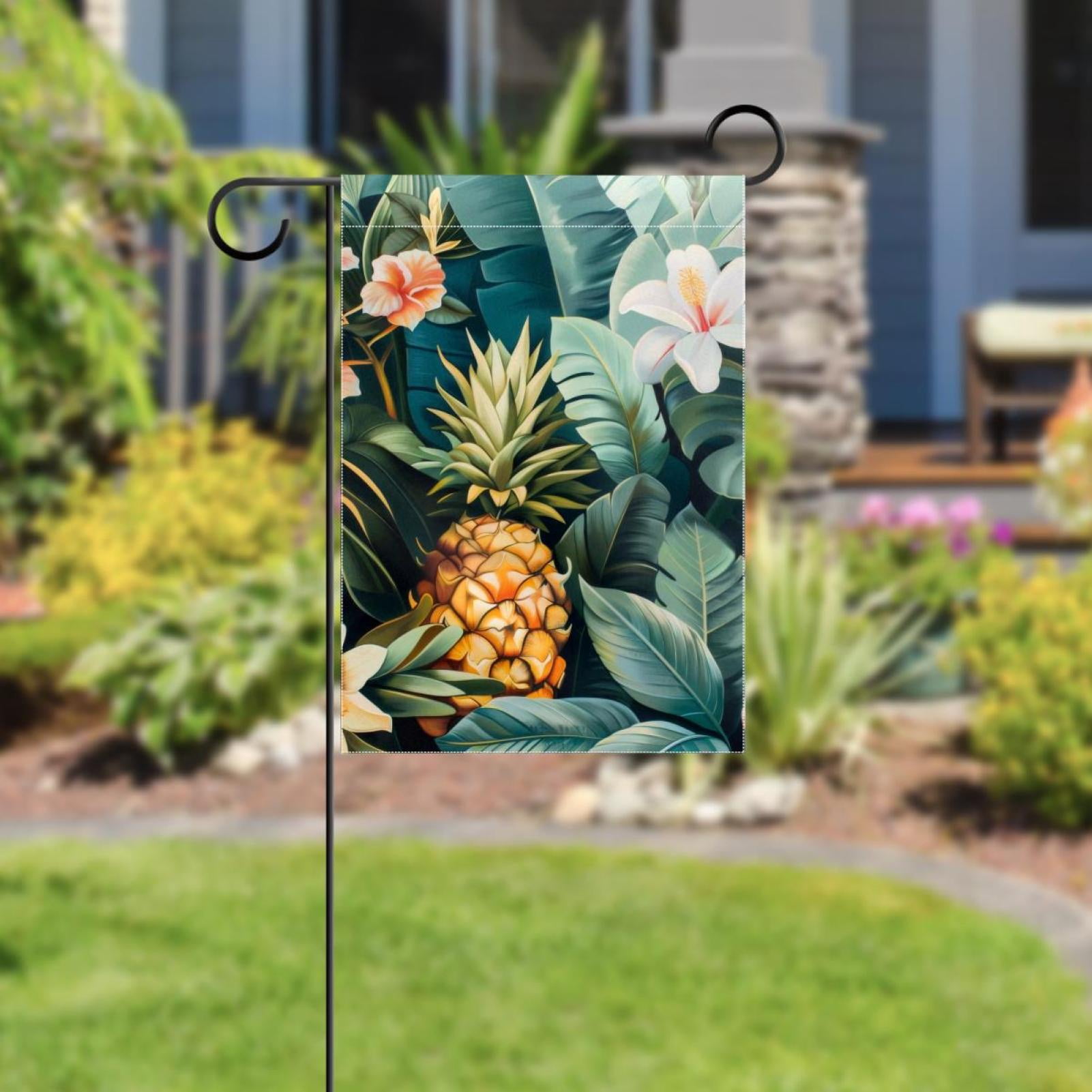 Welcome Tropical Plants Pineapple Flowers Garden Flag, Vertical Double Sided Small House Flag, Yard Farmhouse Outdoor Deck Veranda Lawn Decor 28x40 Inch