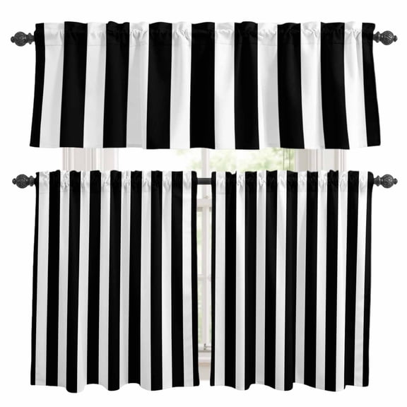 Black Striped Kitchen Curtains Sets for Windows 36 Inch Length, Modern Farmhouse Black and White Stripes Rod Pocket Window Treatments Tier Curtains and Valances Set for Bedroom/Bathroom