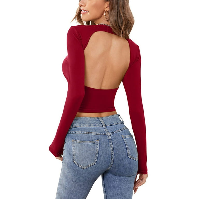 ZIYIXIN Women Sexy Backless Tops Long Sleeve Slim Fit Cut Out Multi Way Wear  Casual Crop Top 