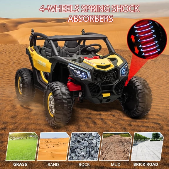 Historyli Ride on Toys-24V 2-Seater UTV,4WD 300W Motors Powerful Electric Vehicle with Remote Control-4 Shock Absorbers,Leather Seats,Music and Lights-Yellow