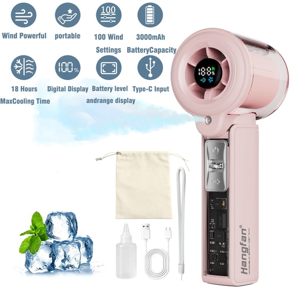 HangFan handheld rechargeable spray fan, with digital display, 30ml water tank, 100 speed, portable, suitable for outdoor/travel/camping-Pink