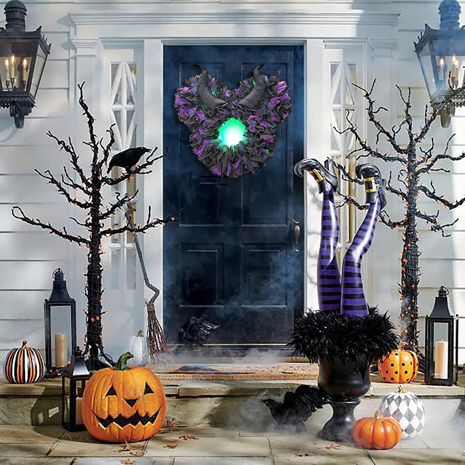 Halloween Mickey Wreath for Front Door Horror Pumpkin Wreath with Clown Decor Main Street USA Inspired Maples Leaves Welcome Wreath Autumns Outdoor Holiday Party Hanging Ornaments Door Decoration