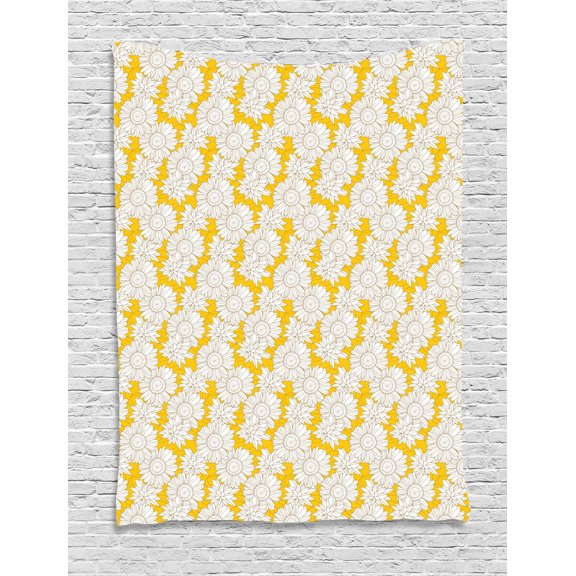 Yellow and White Tapestry, Doodle Style Exotic Garden Foliage with Chamomiles and Lines, Wall Hanging for Bedroom Living Room Dorm Decor, 60W X 80L Inches, Yellow White and Brown, by Ambesonne