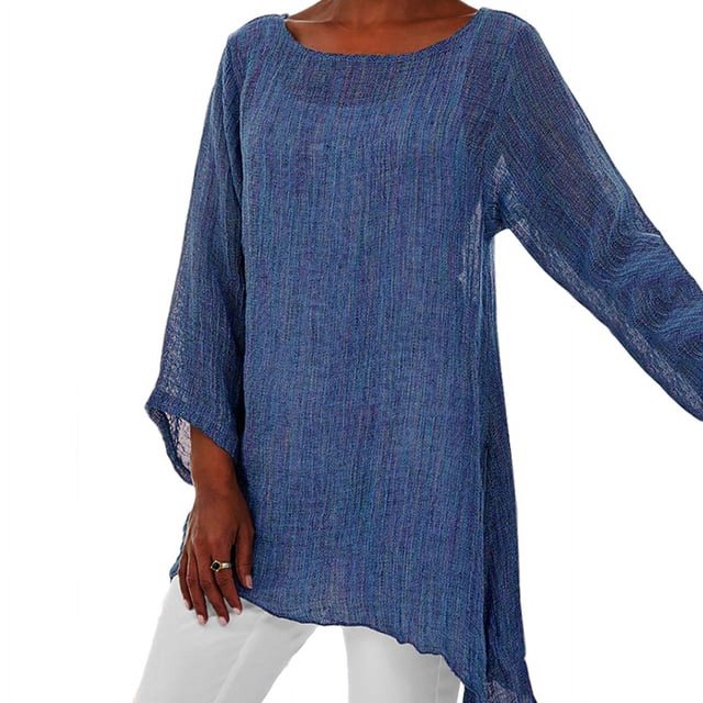 JUNWELL Hot Blouse Women Solid Color Cotton Linen O-Neck Long Sleeve Irregular Tunic Top Spring Summer Oversized Shirts