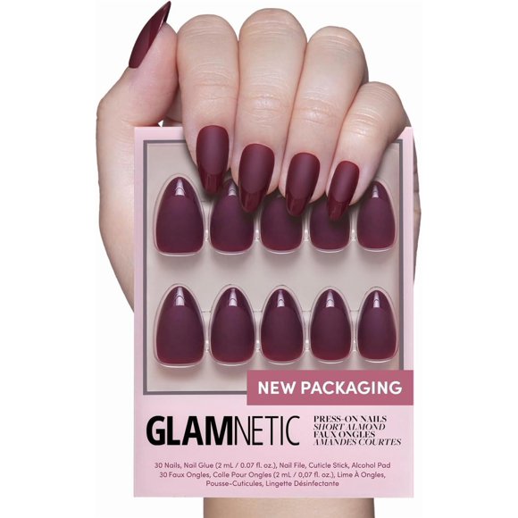 Biwat-Press-On Nails - Merlot Short Almond Dark Red Nails with Glossy French Tips in Matte Finish - 15 Sets of 30 Nails Each