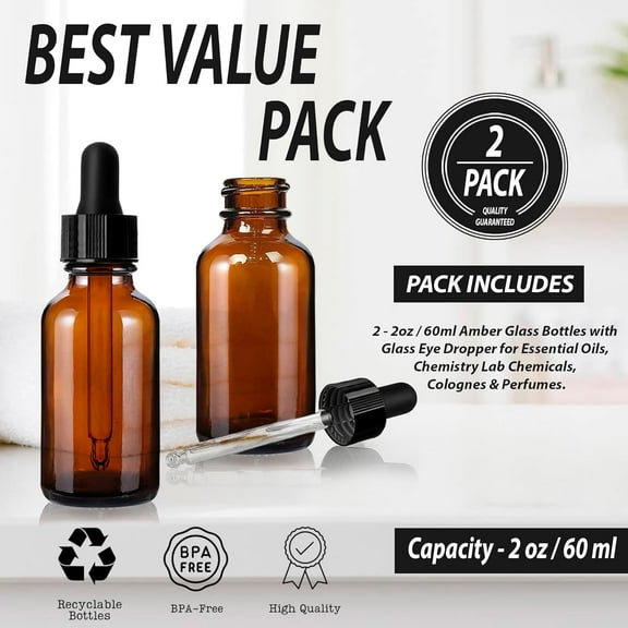 (2 Pack) - 2 oz Amber Glass Dropper Bottles with Tapered Glass Droppers - 60ml Amber Glass Boston Round Bottles with Glass Eye Dropper - Thick Leakproof Essential Oils Bottle for Storage and Travel