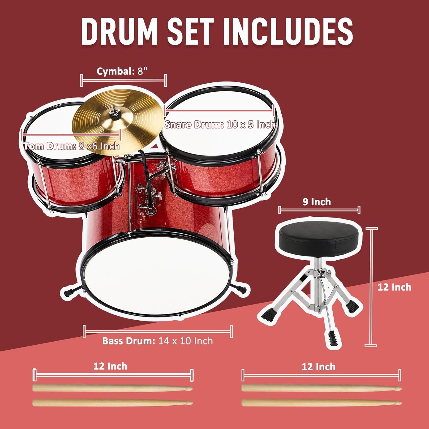 3-Piece Drum Set, 14 Inch Beginners Drums Kit with Throne Stool, Pedal & 2 Pairs of Drumsticks, Junior Drums Set Musical Instruments W/Cymbal, Tom, and Snare Drum (Red)