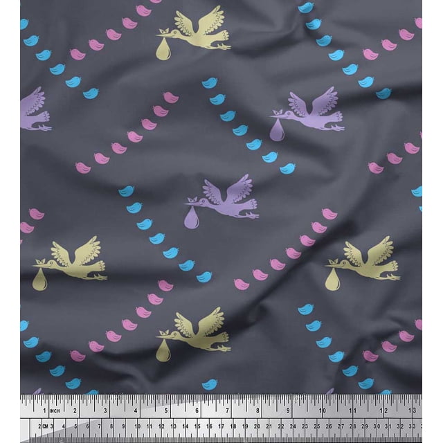 Soimoi Poly Crepe Fabric Small Bird,Fish & Heron Bird Print Fabric by The Yard 52 Inch Wide