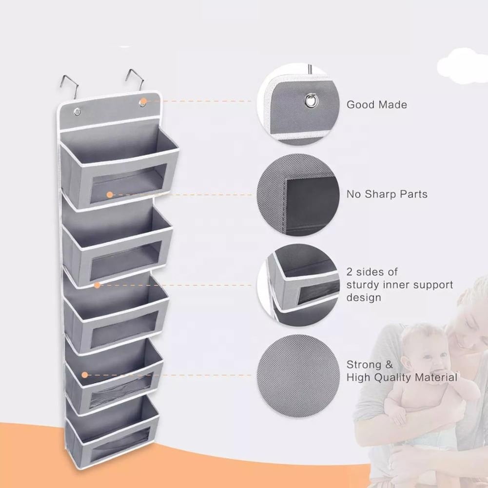Lowestbest Over Door/Wall Mount Organizer Storage with 5 Clear Window Pocket & 2 Metal Hooks, Gray
