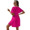 thumbnail image 3 of Womens Summer Solid Casual V-Neck Beach Dress Ruffle Short Sleeve Loose Dress Rose red M, 3 of 8