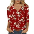 thumbnail image 2 of Sakmal Summer Tops for Women 3/4 Sleeve Red Floral V-Neck T-Shirts Ladies Shirts and Tops, 2 of 5