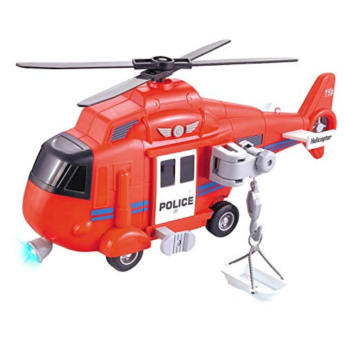 Vokodo Hélicoptère de Sauvetage Incendie 11 "avec des Sons de Lumières Pousser et Aller Comprend Panier de Fret Durable Enfants Pompier Friction Chopper Jouet Faire Semblant de Jouer Airp