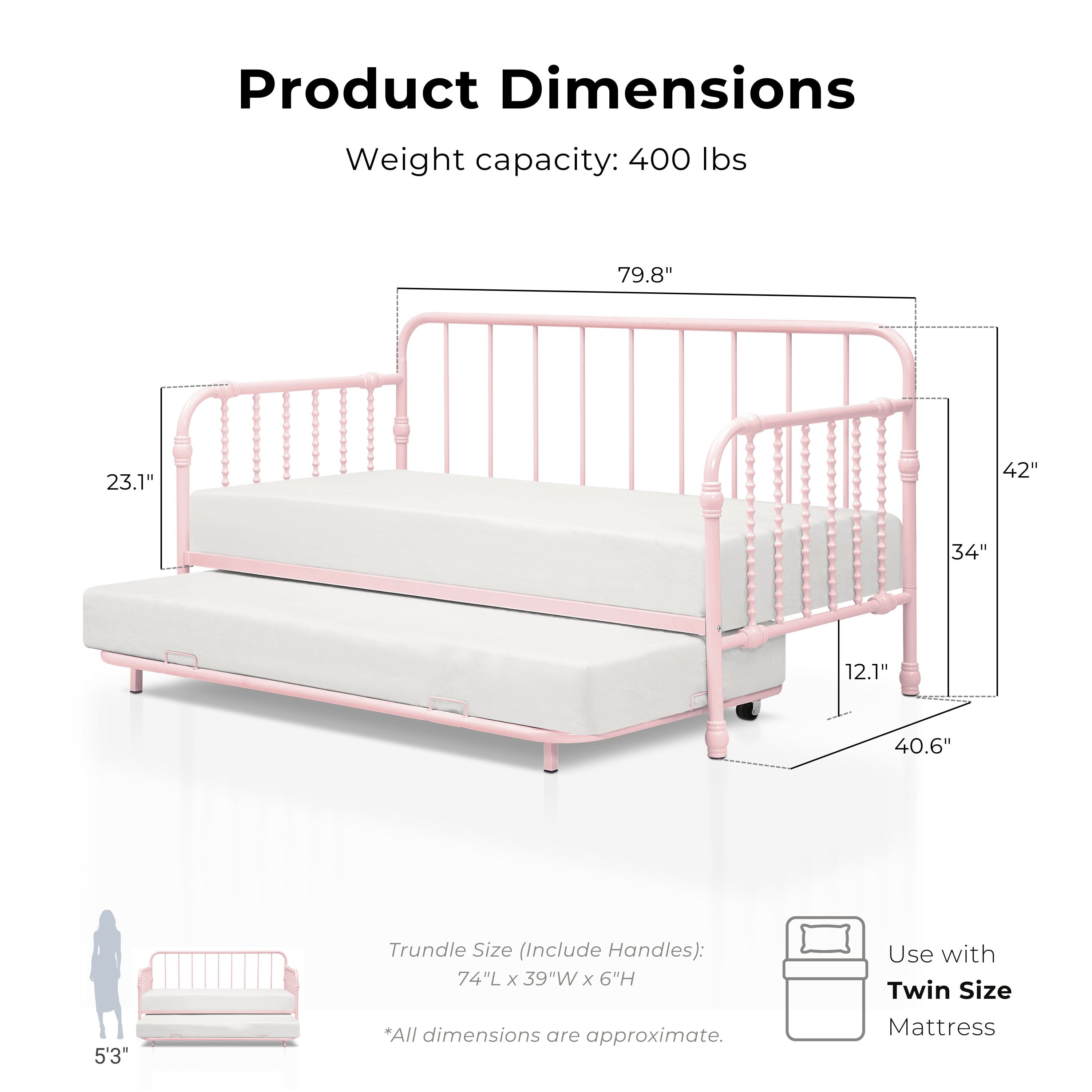 Furniture of America Wren Metal 2-Piece Twin Daybed with Trundle Set, Pink