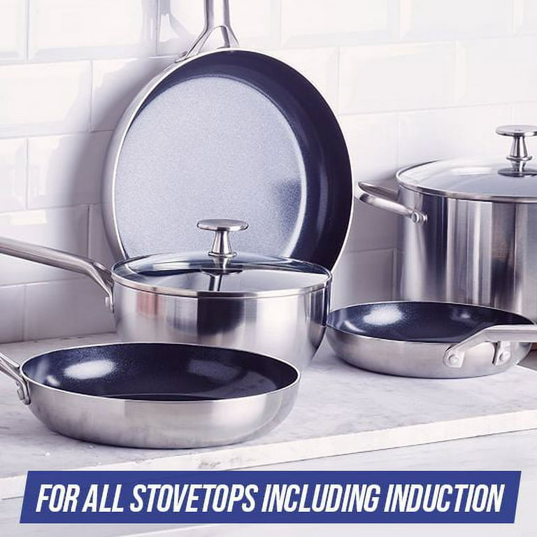 Blue Diamond Cookware Tri-Ply Stainless Steel Ceramic Nonstick, 7 Piece Cookware  Pots and Pans Set, PFAS-Free, Multi Clad, Induction, Dishwasher Safe, Oven  Safe, Silver + FS