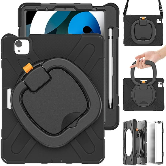 iPad Air4 2020/Air5 2022 Case iPad Pro11 case 4th/ 3rd / 2nd Generation 360°Rotatable Stand Shoulder Strap Pencil Holder Heavy Duty Shockproof Silicone Protective Case
