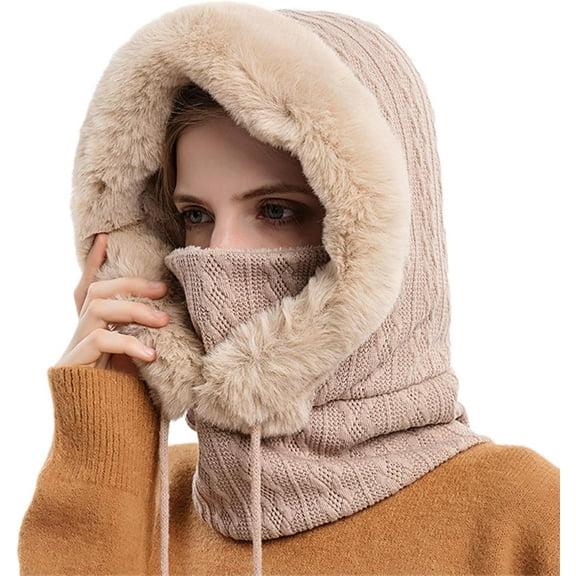 Women’s Knitted Beanie Hat with Face Cover - 3 in 1 Winter Balaclava with Mask Scarf Ear Muffs Pompom Fleece Lined Snow Caps