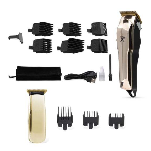 Cutting Edge Cordless Hair Clipper and Touch-Up Trimmer, 11-Piece Men’s Grooming Bundle, Rechargeable and Battery Powered, Gold and Black
