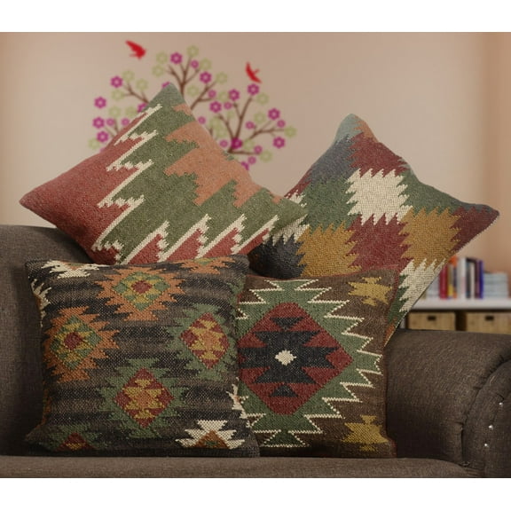 Set of 4 Indian Hand Loomed Cushion Covers, Natural Jute pillows Covers, 18x18 Inch Hand-woven Throw Pillowcases, Home Decor Sofa Pillow covers