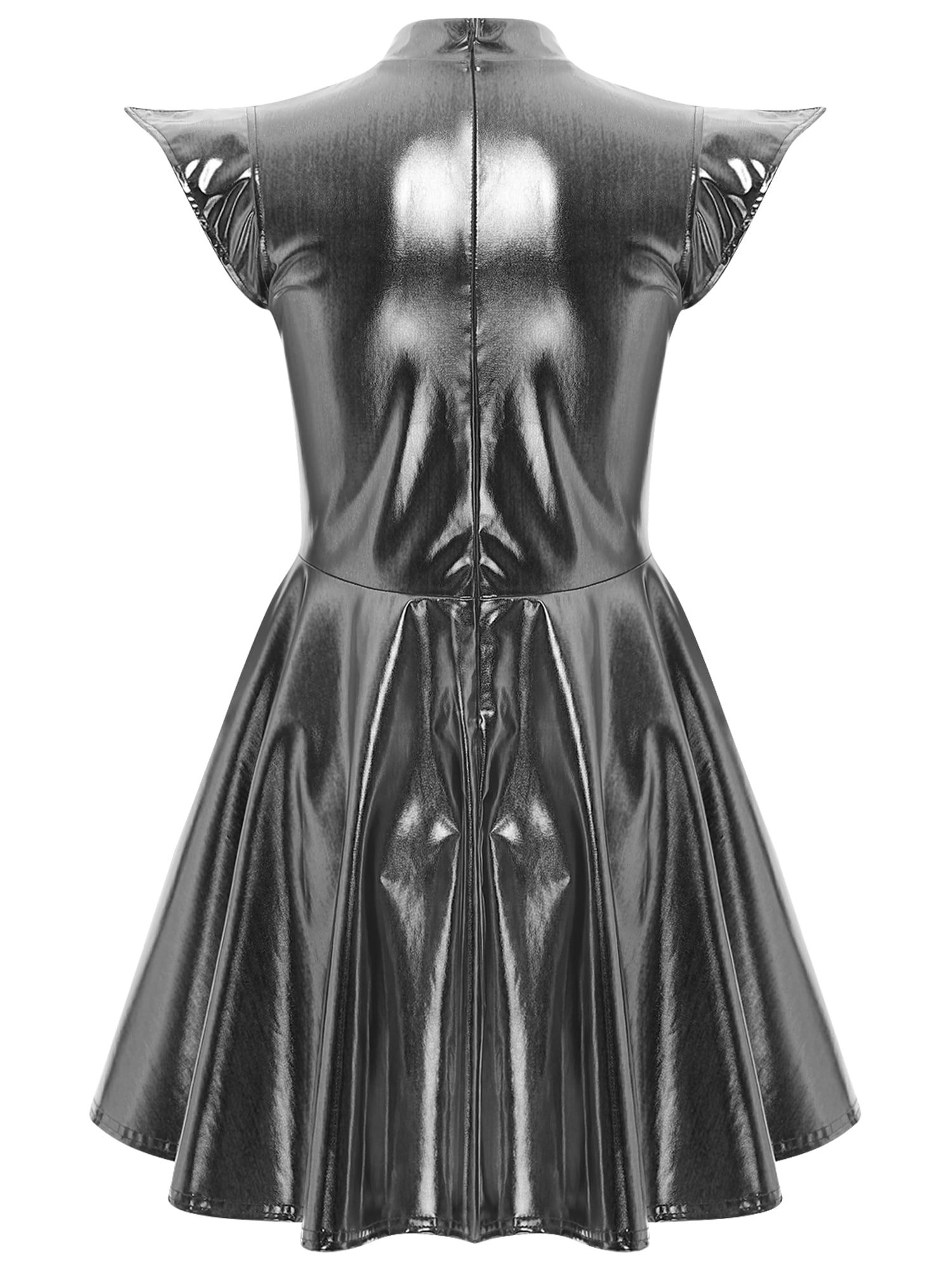 Haitryli Women's Holographic High Waist Dress Party Club Disco Pleated Dress Cosplay Outfits Wet Grey M