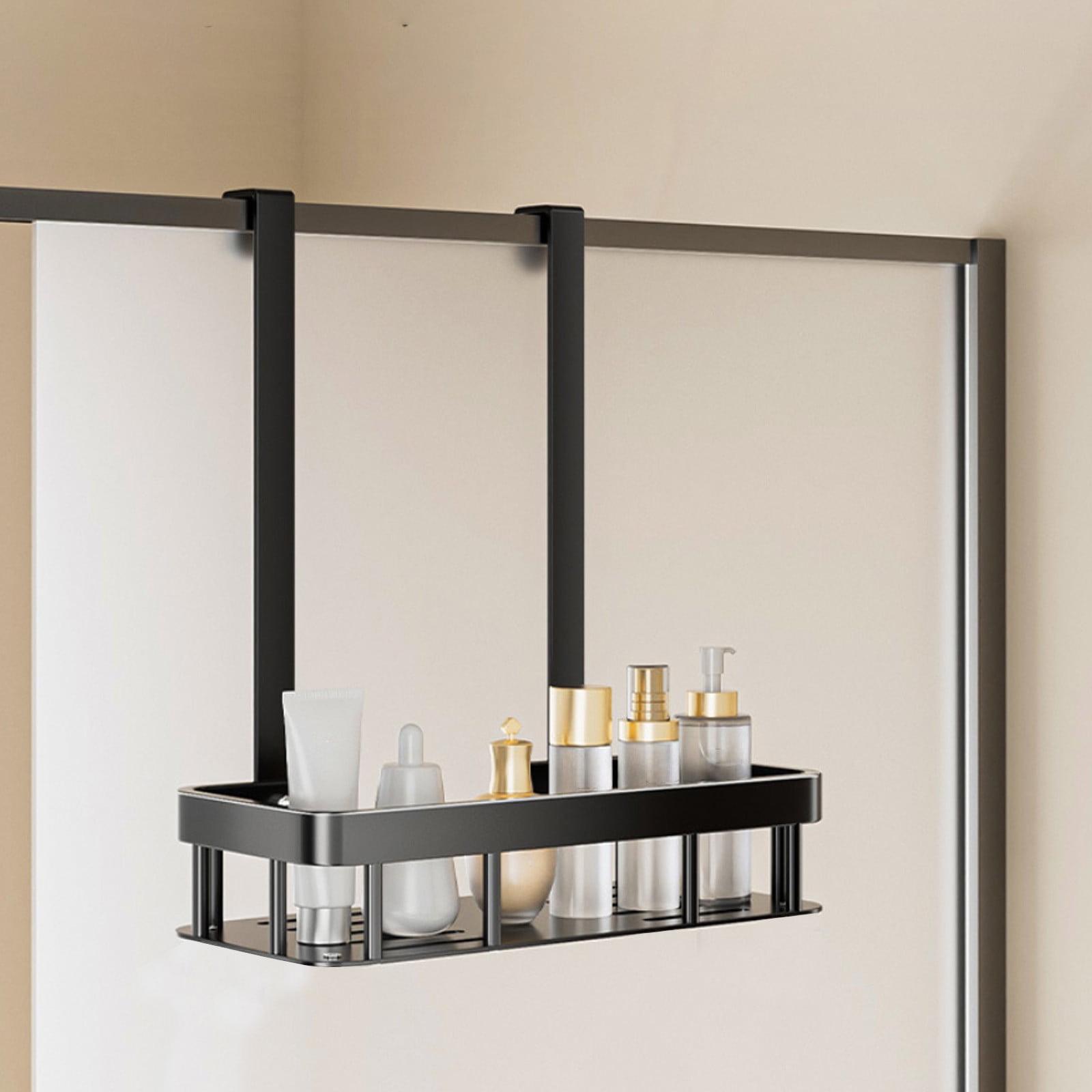 Qiopertar 2-Tier Over Door Shower Caddy, Large Capacity Hanging Organizer with Soap Tray Hooks, Rustproof Metal Bathroom Storage Rack for Shower Door Wall No Drilling, Black