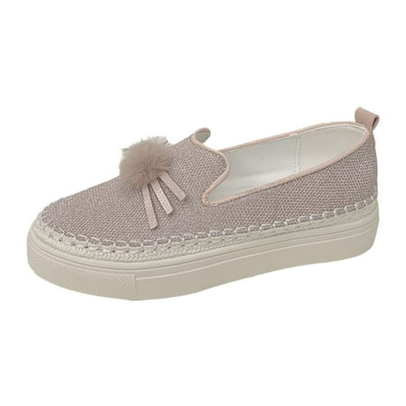Sexlip Women s Flat Heel Crystal Rhinestone Glitter Slip-On Platform Loafers Casual Round Toe Shoes Pink 38