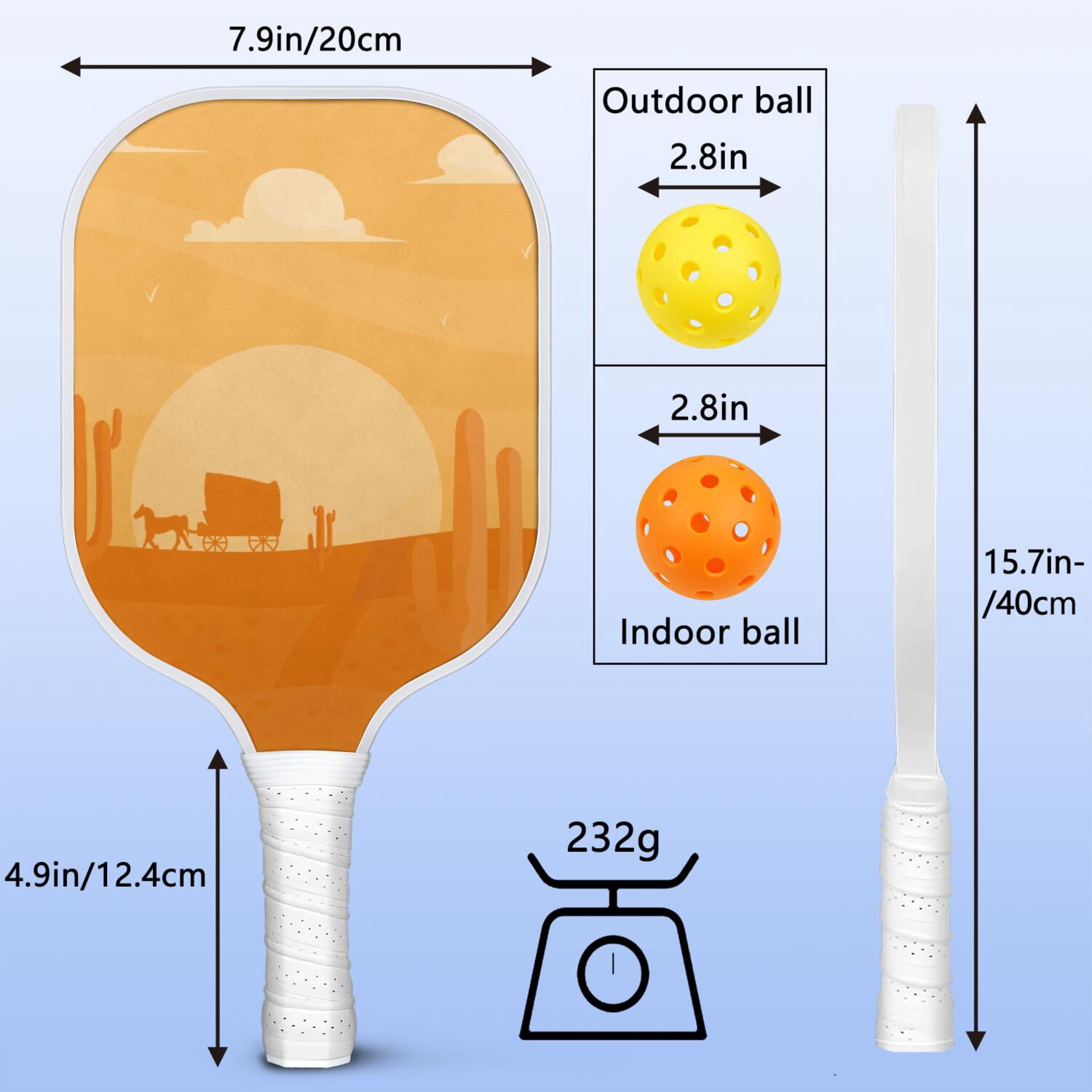 Pickleball Paddles Set Of 1, Fiberglass Surface, West & Cowboy Print, 1 Paddle, 2 Balls & Bag
