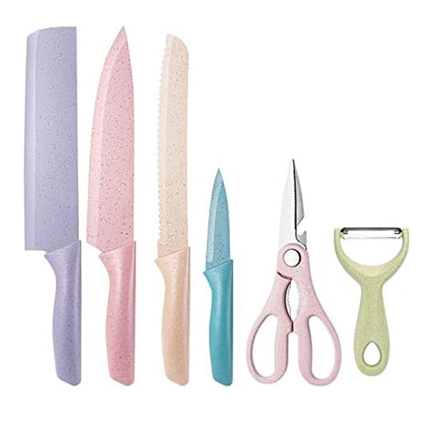 Juego de Cuchillos de Cocina de 6 Piezas, Juego de Cuchillos de Acero Inoxidable con Coloridas Cuchillas Antiadherentes con Cuchillo de Chef, Cuchillo de Pan, Tijera y Pelador