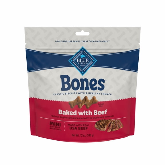 Blue Buffalo Bones Natural Crunchy Biscuits Mini Beef Dog Treats, 12-oz Bag