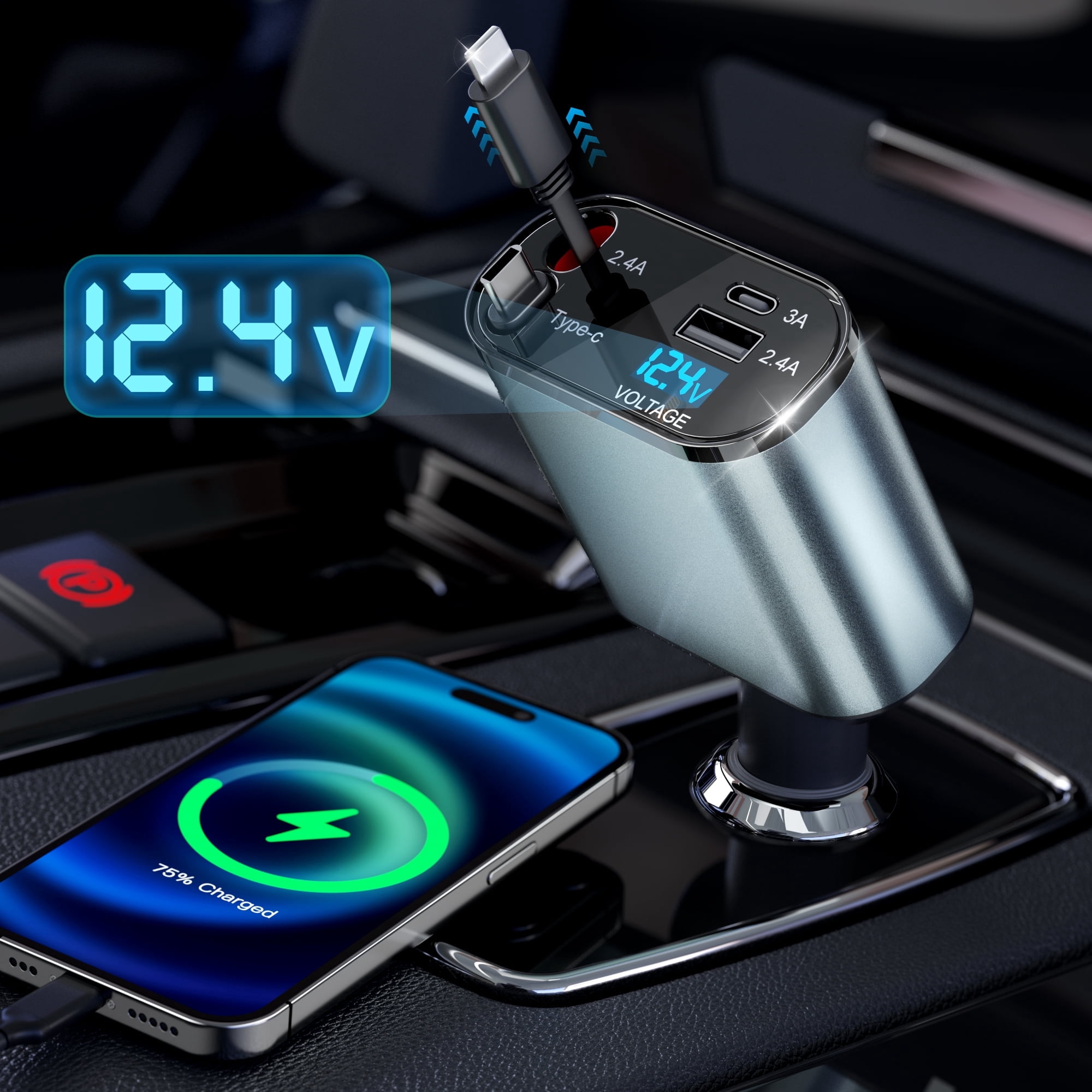 Cshidworld Retractable Car Charger, 66W 4 in 1 Fast Car Phone Charger with 2 Retractable Cables(31.5 inch) & USB Car Charger, Compatible with iPhone 16/15/14/13/12/11,iPad,Galaxy,Pixel