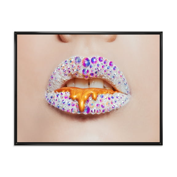 Designart 'Shining Woman Lips Covered With Rhinestones and Smudges' Modern Framed Canvas Wall Art Print