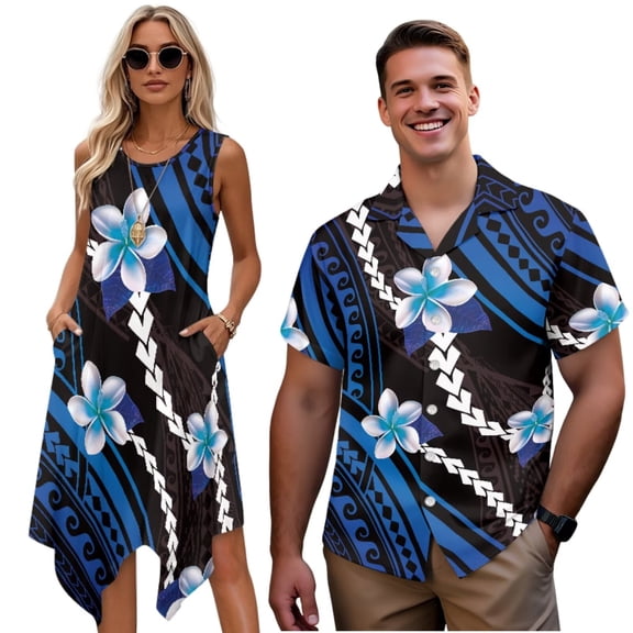 Uorisanigo Blue Polynesian Matching Couple Outfits Men's Short Sleeve Shirt Beach Hawaiian Tops for Summer and Women's Summer Dress with Pocket Loose Beach Vacation Sundress