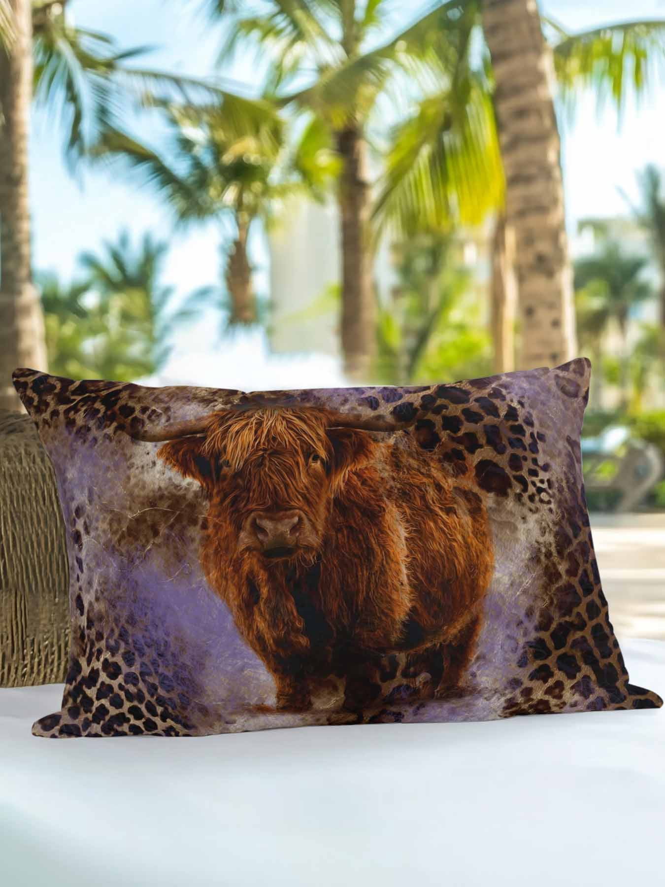 1 Pack Outdoor Throw Pillow, Purple Cow Leopard Waterproof Pillow with Insert Included, Aesthetic Vintage Animals Farmhouse Decorative Accent Cushion Lumbar Pillows for Patio Porch, 12 x 20 In