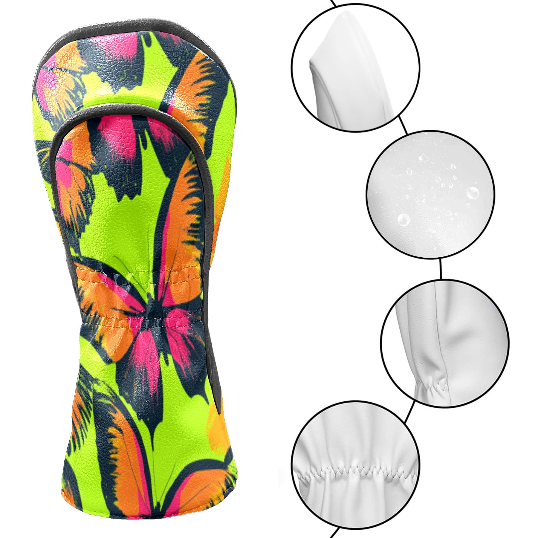 Golf Club Head Cover Waterproof Leather Golf Accessories HeadCovers Set Driver Headcover for Women Men Neon Green And Orange Butterfly Pattern