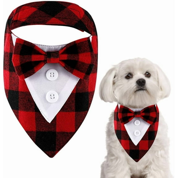 Formal Dog Tuxedo S Black Red Checkered Pattern Wedding Bandana Dog Collar with Tie Dog Birthday Costume Adjustable Pet Party Tux Formal Attire Valentines Outfit for Small Breeds Dog FireBrick