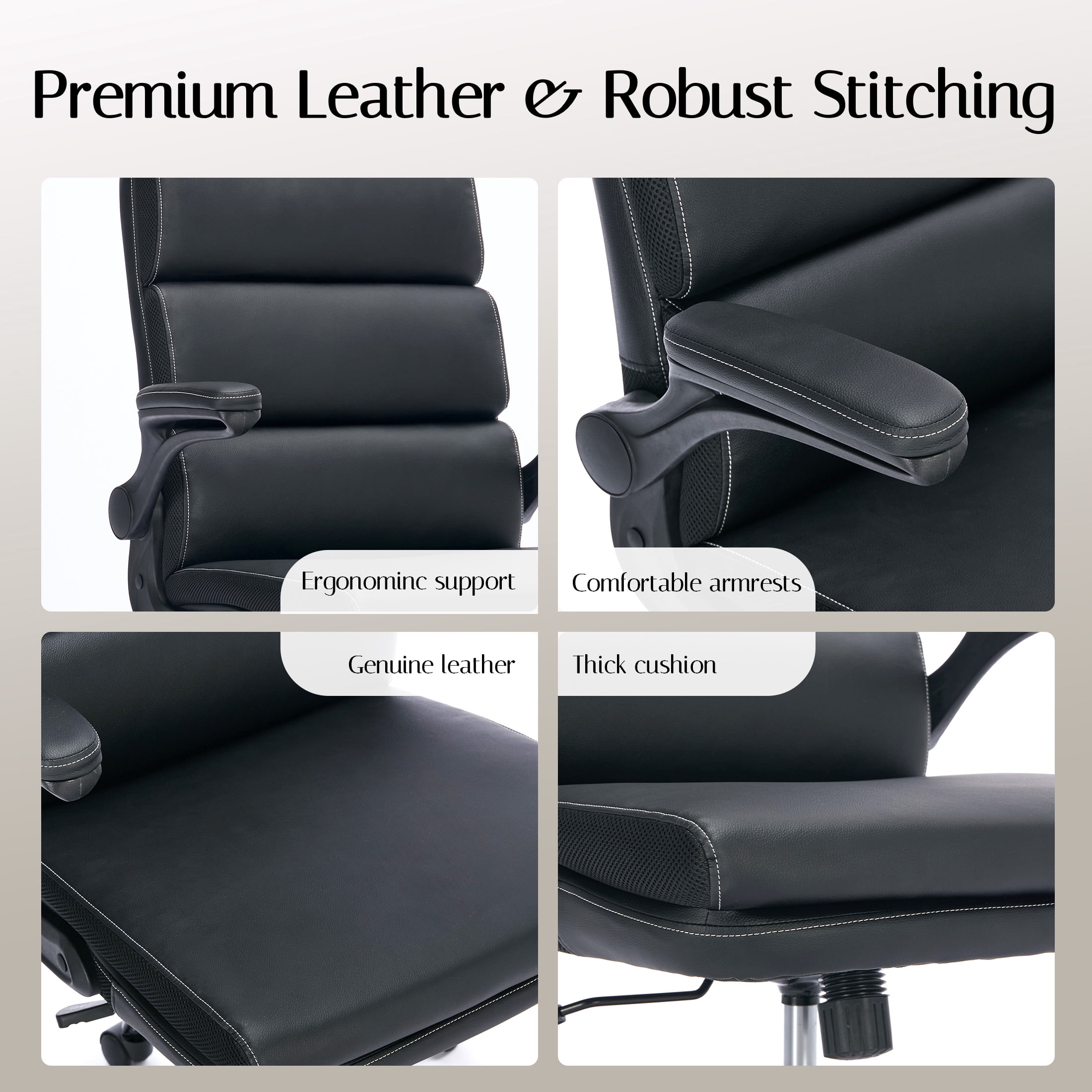 TMV Ergonomic Executive Desk Chair - PU Leather Adjustable Arm Swivel Office Chair for Vanity Desk, Home & Executive Desk,Black