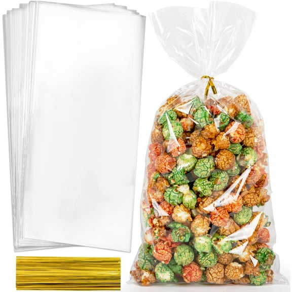 98pcs Clear Cellophane Bags 7X14 Treat Bags with Ties Goodie Bag Clear Gift Bag for Packaging Popcorn Party Favor Cookie Candy Bakery Plastic Gift Wrap