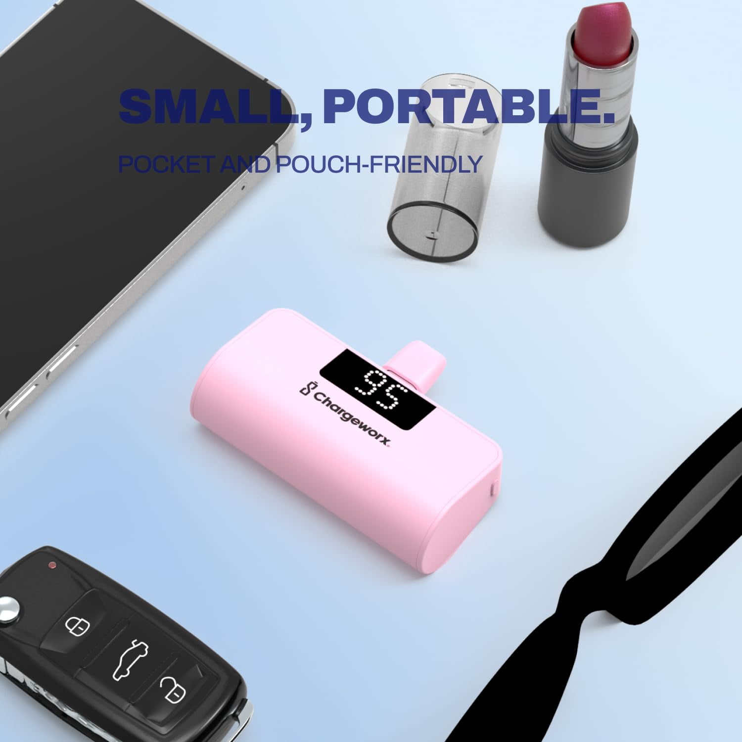 CHARGEWORX Portable Power Bank with LCD Display, Built-in Lightning Connector, Dual Charge Fast Charge Portable Charger 5000mAh, Compatible with iPhone 14, 13, 12 & Older (Pink)
