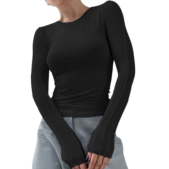 Gibobby Playera Termica Para Mujer Camiseta de manga larga para mujer, cuello redondo, ajustada, sexy, básica(Negro, L)