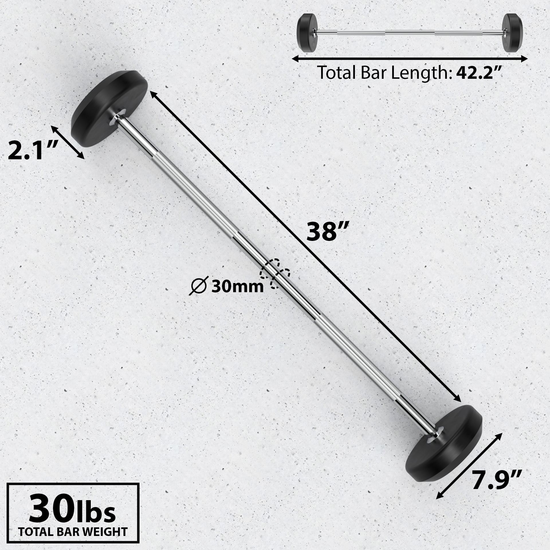 Synergee Fixed 30LB Barbell - Pre Weighted Straight Steel Bar with Rubber Weights - Fixed Weight
