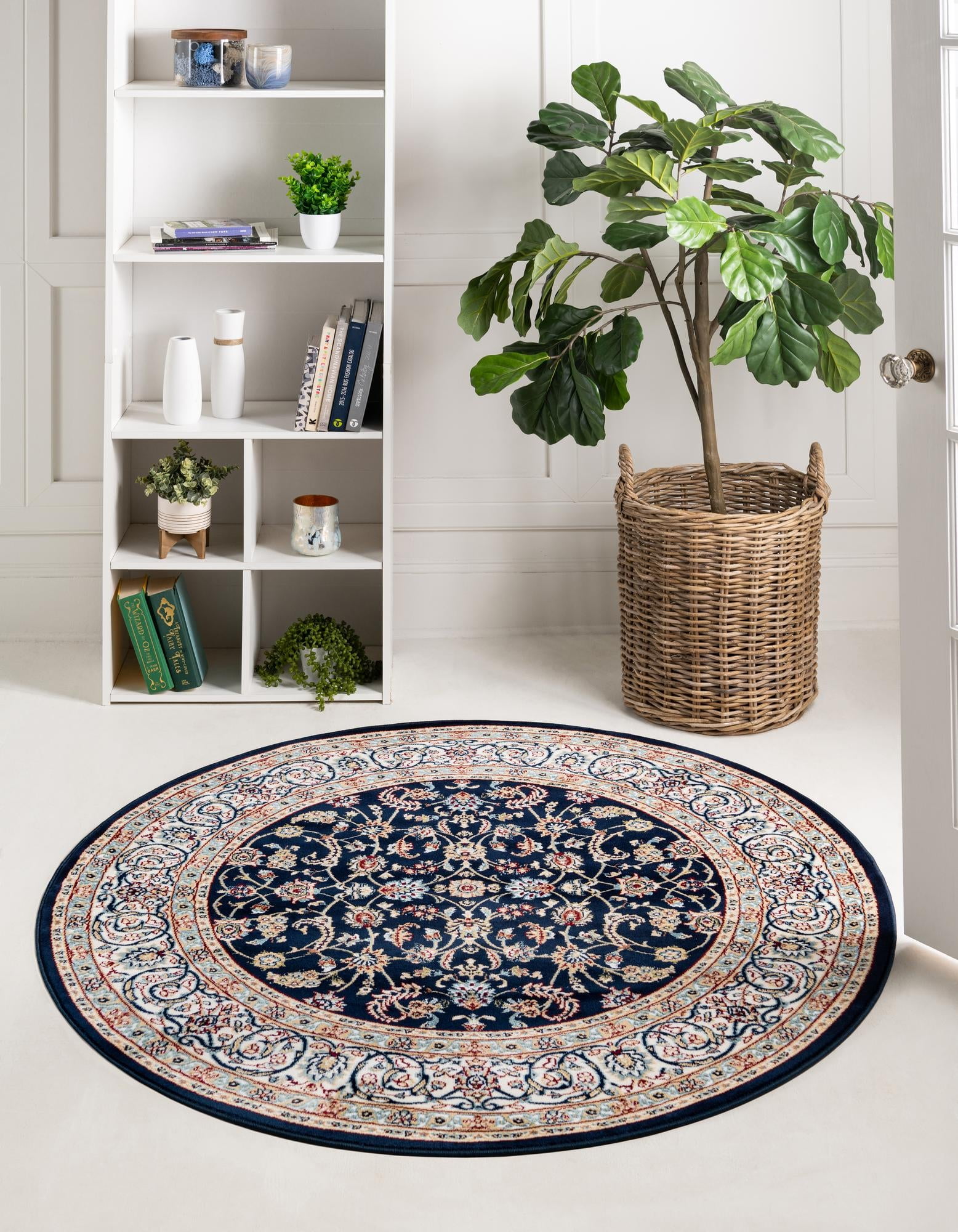 Rabia Collection Rug 5' Round Navy Blue Low Rug Perfect For