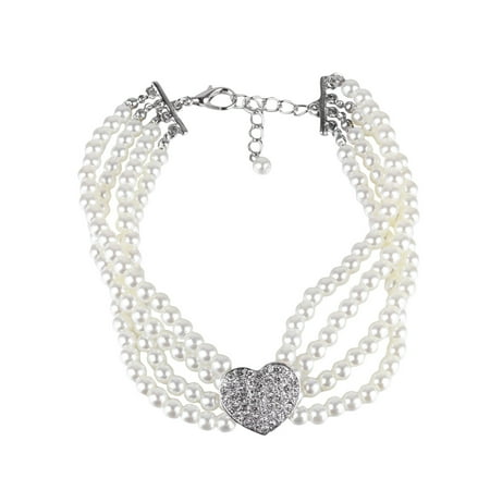 GOOHOCHY Pet Four Row Pearl Necklace Crystal Pandant Heart Pet Necklace Fashion Jewelry (White  Size L)