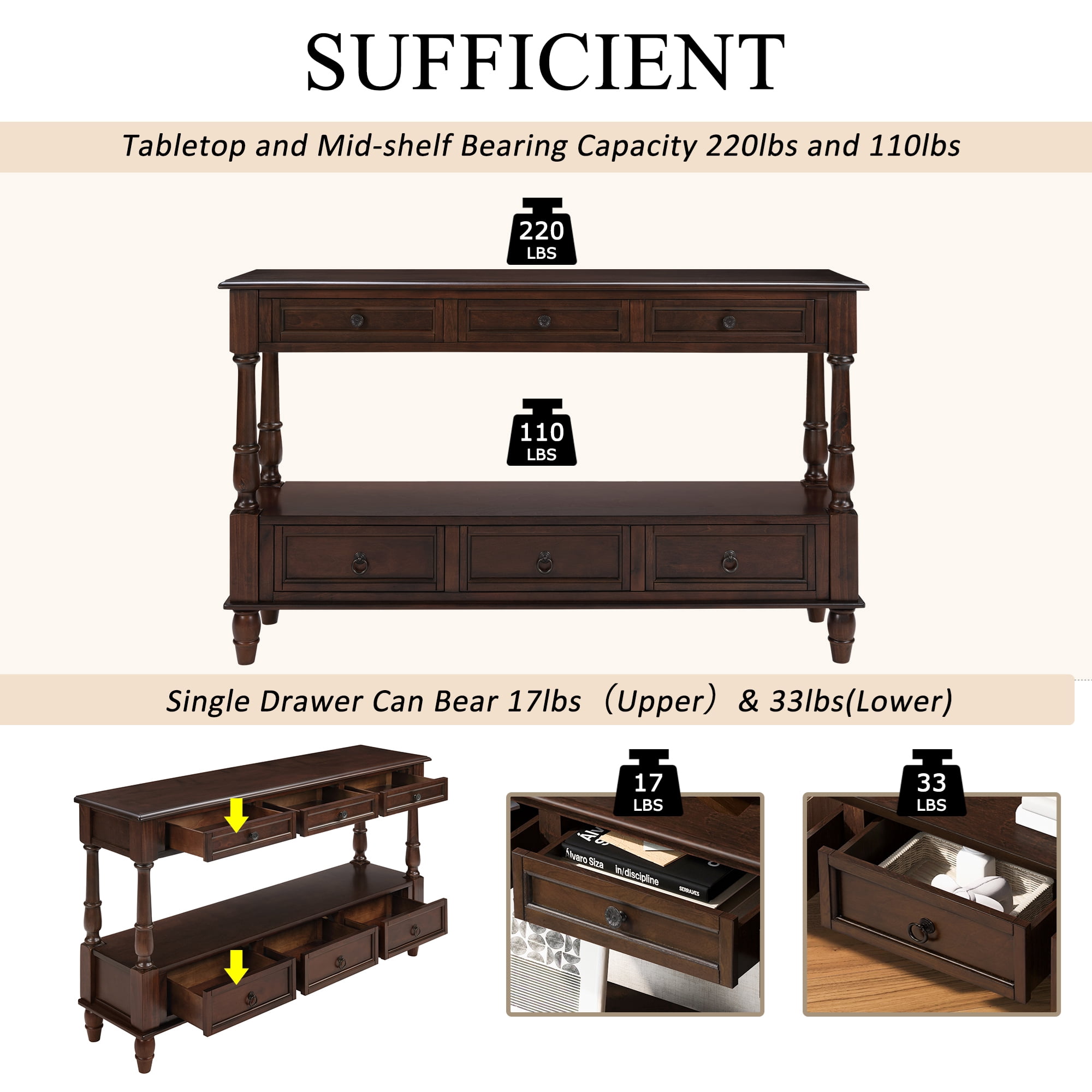 BFJDM 54" Solid Wood Farmhouse Console Table, Espresso with 6 Drawers Storage Shelf for Living Room Hallway