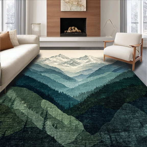 ODIKA 4'x6' Machine Washable Non-Slip Area Rug, Mountain with Evergreen Forest Design High Traffic Rug, Gray, 120081