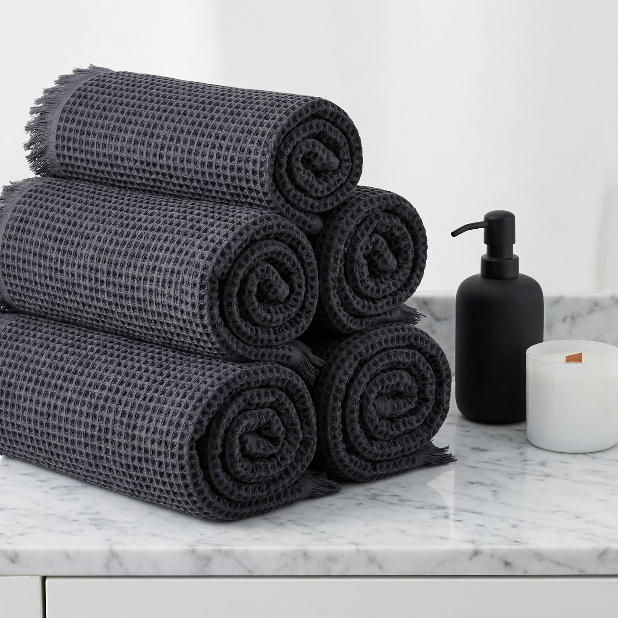 Unique Bargains Highly Absorbent Cotton Waffle Bath Towel with Tassel Dark Blue 71" x 35"