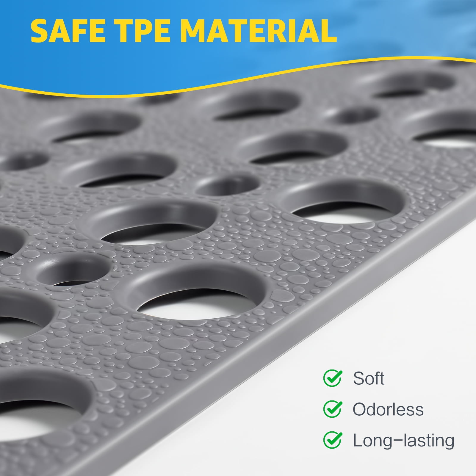 OTHWAY Large Shower Mat, 35x24 TPE Anti Slip Shower Mat, Heavy Bath Mats for Shower with Drain Holes Suction Cups, Shower Stall Mat for Bathroom, No Odor Shower Grip Mat for Elderly Kids(Dark Grey)