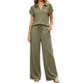 thumbnail image 3 of VBVC Women's Collared V-Neck 2 Piece Lounge Set, Casual Summer Tracksuit Outfit with Drawstring Wide Leg Pants and Pockets,Army Green,S-2XL, 3 of 7