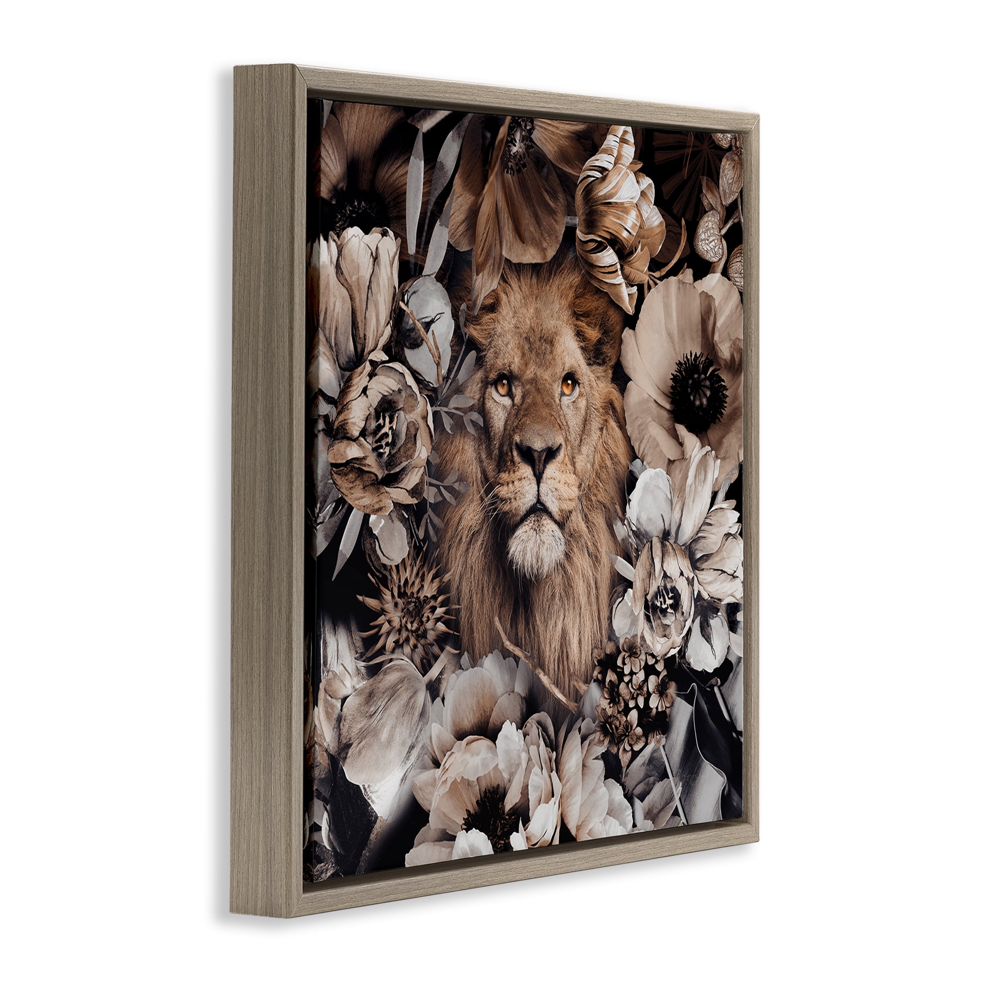 Stupell Industries Mixed Flowers & Lion Plants & Flowers Painting Brown Floater Framed Canvas Art Print Wall Art, 25 x 25