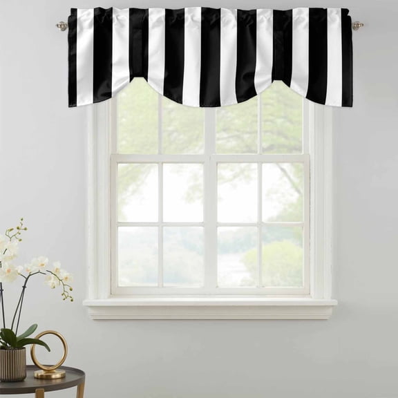 Striped Black White Tie Up Valances Curtain, Classic Vertical Striped Simple Adjustable Valance for Window Light Filtering for Kitchen and Bathroom Rod Pocket 1 Panel 42x12in