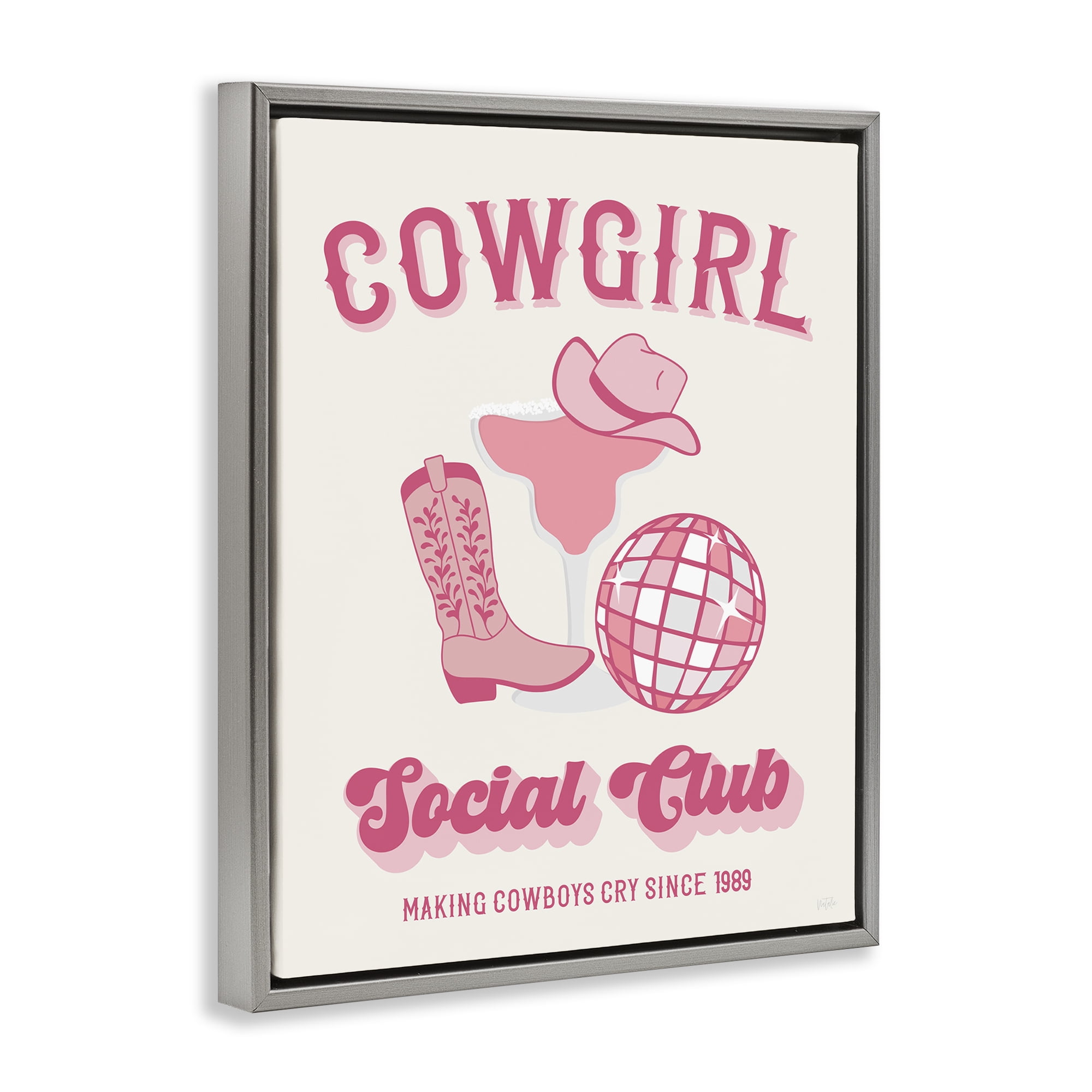 Stupell Industries Cowgirl Social Club Entertainment Painting Gray Floater Framed Canvas Art Print Wall Art, 25 x 31